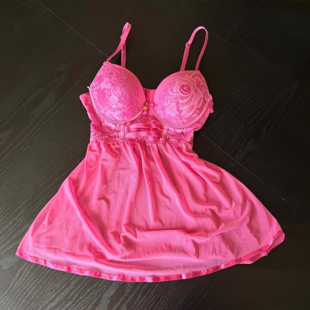 Daisy Fuentes Babydoll Size S Pink Lace Mesh Chemise Lingerie